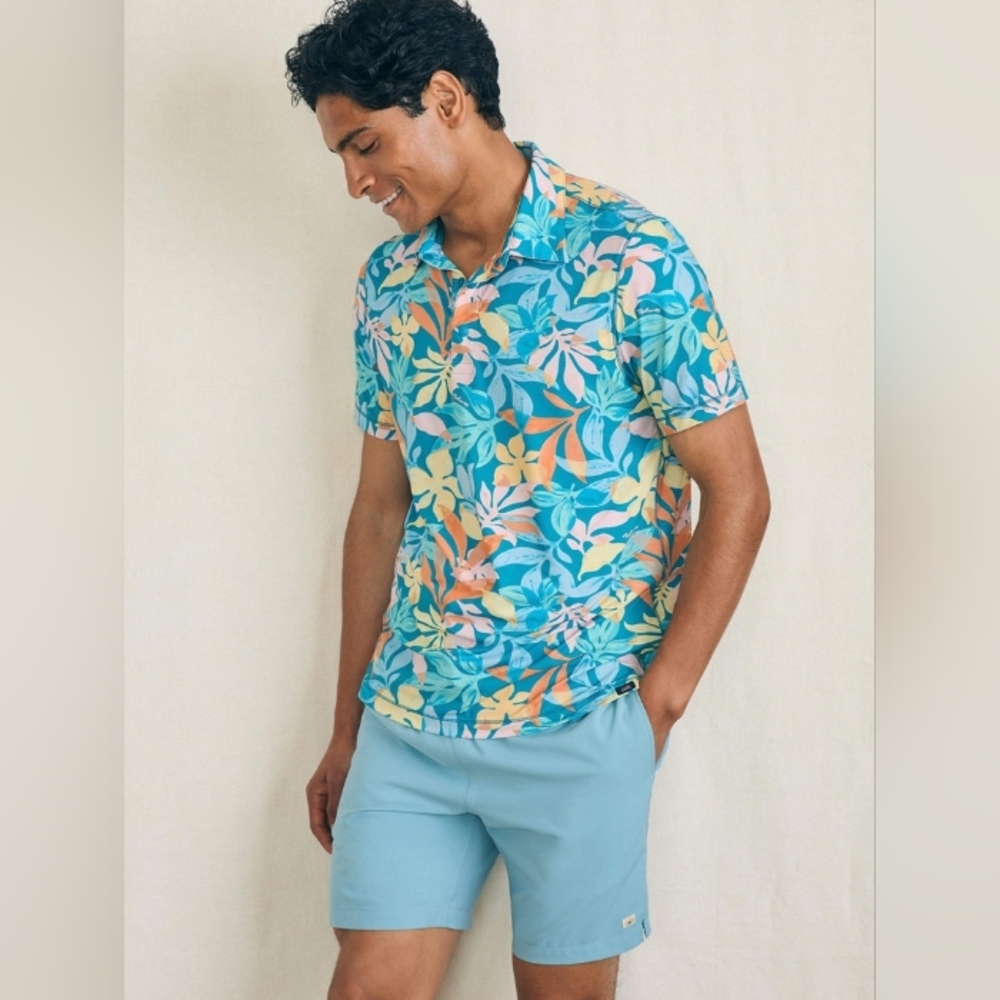 Faherty Shorelite Short-Sleeve Tech Polo Summer Blooms UPF 50 Sz L